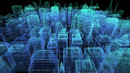 Poster - Futuristic holographic city digitally generated image virtual reality matrix particles in cyber space background environment