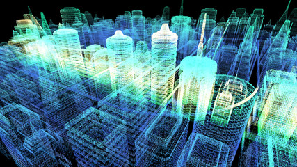 Poster - Futuristic holographic city digitally generated image virtual reality matrix particles in cyber space background environment