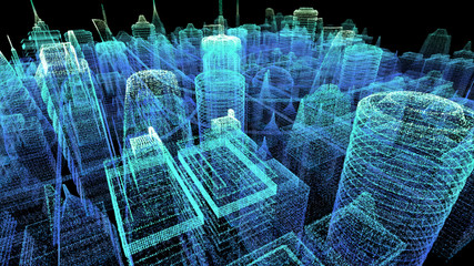 Fototapete - Futuristic holographic city digitally generated image virtual reality matrix particles in cyber space background environment