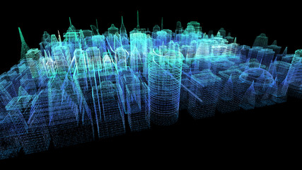Fototapete - Futuristic holographic city digitally generated image virtual reality matrix particles in cyber space background environment
