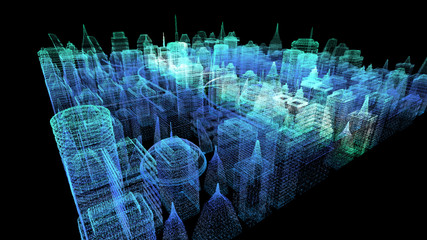 Fototapete - Futuristic holographic city digitally generated image virtual reality matrix particles in cyber space background environment