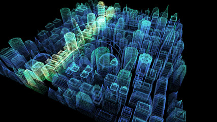 Wall Mural - futuristic holographic city digitally generated image virtual reality matrix particles in cyber spac