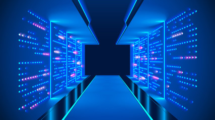 Leinwandbilder - Data center abstract background. interior of server room. Digital information warehouse. Web hosting technology. Computer racks in database communication system. Cluster optical fiber networking.