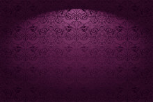 Royal, Vintage, Gothic Horizontal Background In Purple, Magenta With A Classic Baroque Pattern, Rococo.With Dimming At The Edges. Vector Illustration EPS 10
