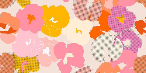 Painting universal freehand floral seamless pattern with hand-drawn flowers. Graphic design for background, card, banner, poster, cover, invitation, fabric, header or brochure