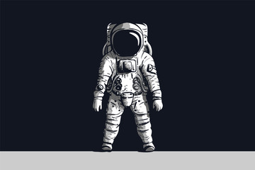 Wall Mural - Astronaut on isolated black background in black and white. Vector image