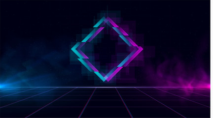 Wall Mural - Synthwave vaporwave retrowave cyber landscape with sparkling glitch rhombus, laser grid, blue and purple glows with smoke and particles. Design for poster, cover, wallpaper, web, banner.