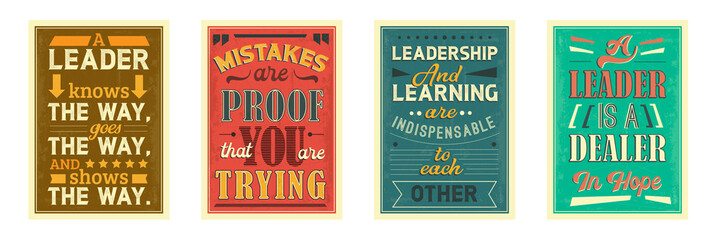 Motivational posters vector templates set. Inspirational retro placard designs for office, room. Leadership, self development, personal growth creative banners pack with stylized lettering