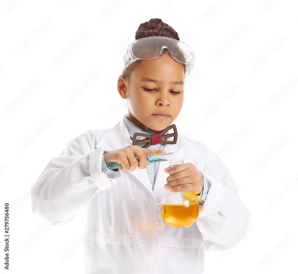Little African-American scientist on white background