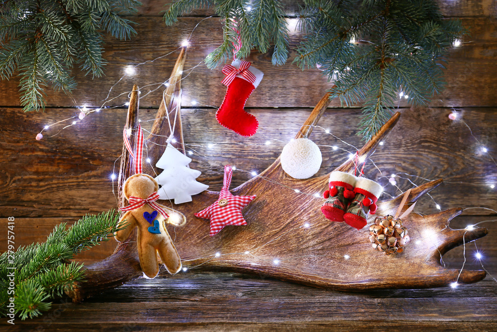 Beautiful Christmas composition on wooden background