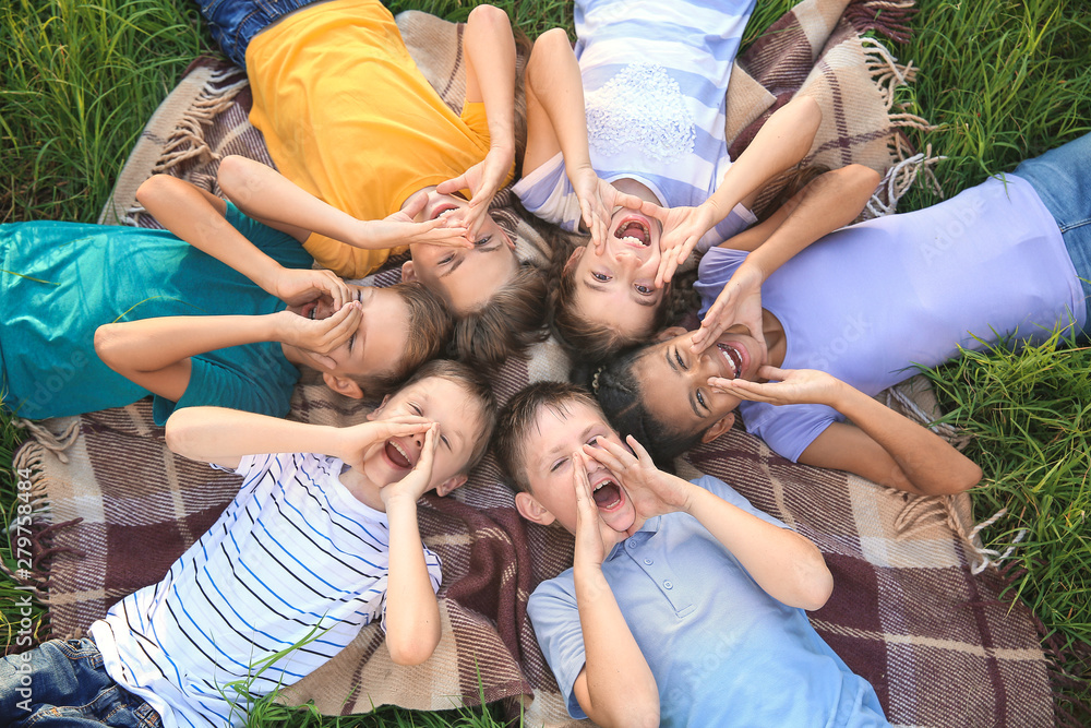 Group of children lying on plaid in park