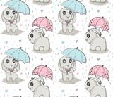 Vector seamless pattern with hand drawn cute rabbits, umbrella, rain drops.