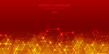 Abstract Technology Hexagons Genetic And Social Network Pattern On Red Background. Future Geometric Template Elements Hexagon With Glow Nodes. 