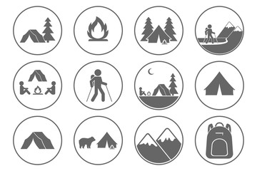 Canvas Print - Tourism icons. Trekking, hiking, mountaineering, backpacking, camping symbols. Vector.