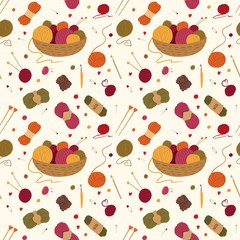 Knitting tools, accessories flat vector seamless pattern. Basket with yarn balls, skeins hand drawn illustration. Handcraft needles, crochets, pincushions. Wallpaper, wrapping paper design