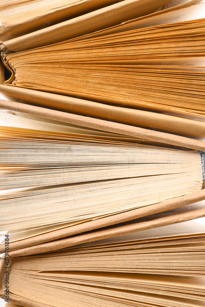 Many different books, closeup view