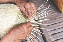 Weaving Bamboo Basket Wooden - Old Senior Man Hand Working Crafts Hand Made Basket For Nature Product In Asian
