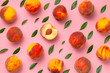 Flat lay composition with peaches. Ripe juicy peaches with green leaves on pink background. Flat lay, top view, copy space. Creative peaches pattern. Fresh organic food. Harvest concept