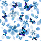 A seamless background with blue flowers and butterflies. Vector
