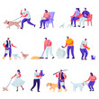 © alexdndz - Set of Flat Pets and Domestic Animals Characters. Cartoon Feed Cattle, Farming Job, Shearing Sheep, Prepare Hay for Livestock. Vector Illustration.