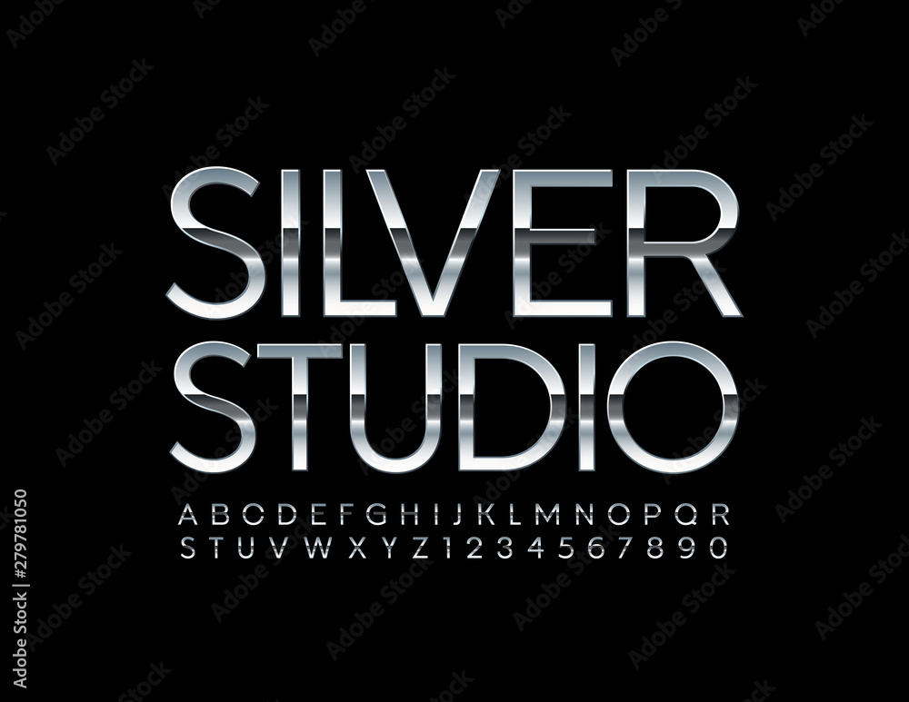 Vector reflective sign Silver Studio with thin Alphabet. Metallic ...