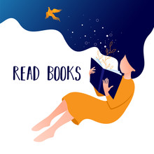 Flat Art Banner. Vector Illustration Of Girl Reading A Book And Dreaming Up. Concept Illustration Of Learning, Distance Studying And Self Education.