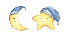 Sleepy Half Moon And Little Star In Blue Nightcap. Isolated On White Background. Hand Drawn Watercolor Illustration.