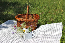 Wicker Picnic Basket On Checkered Blanket In Sunny Day. Enamel Mug With Wild Fowers, Bells, Cow Parsley And Daisies. Blurred Meadow Background. Spring, Summer Outdoor Meal, Relaxation Concept.