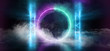 © IM_VISUALS - Smoke Futuristic  Sci Fi Laser Neon Shapes Glowing Light Vibrant Purple Blue Stage NIght Club Background Grunge Concrete Dark Tunnel Hall Corridor Garage Fashion Party Reflective 3D Rendering