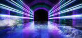 Fototapeta Perspektywa 3d - Smoke Futuristic  Sci Fi Laser Neon Shapes Glowing Light Vibrant Purple Blue Stage NIght Club Background Grunge Concrete Dark Tunnel Hall Corridor Garage Fashion Reflective 3D Rendering
