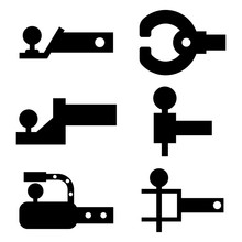 Trailer Hitch Black Silhouette. Towbar Vector Icons Set Isolated On A White Background.