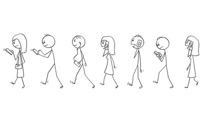 Poster - Vector cartoon stick figure drawing conceptual illustration of set of group of people or pedestrians walking on the street and using mobile phones or cell phones.