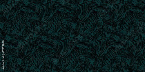 Materiał do szycia Seamless hand drawn exotic vector pattern with black palm leaves over dark turquoise background - Vector