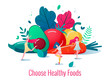 Concept of healthy lifestyle vector illustration. Healthy happy women dancing in front of vegetables and fruits.