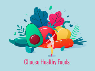 Sticker - Concept of healthy lifestyle vector illustration. Healthy happy women dancing in front of vegetables and fruits.