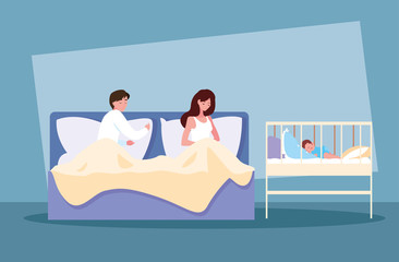 Sticker - parents in bed with baby in crib