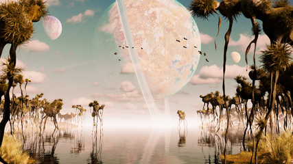 Wall Mural - exoplanet landscape, alien world with strange plants and flying creatures