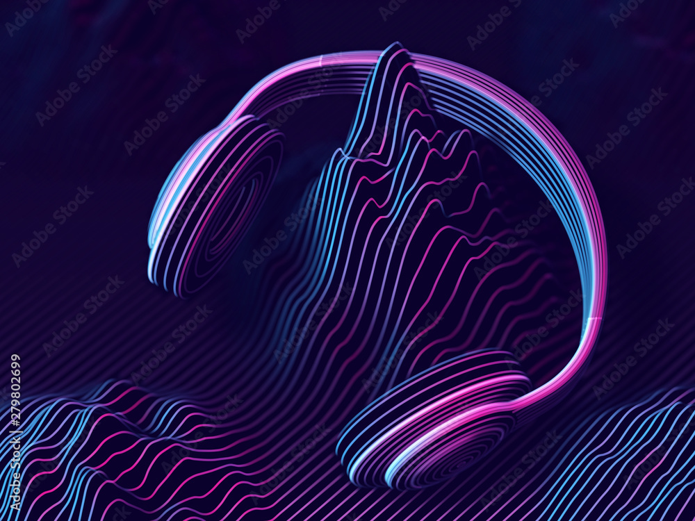 3D headphones with sound waves on dark background. Abstract visualization of digital sound and cyber space. Concept of electronic music listening. Digital audio equipment. EPS 10 vector illustration. - obrazy, fototapety, plakaty 