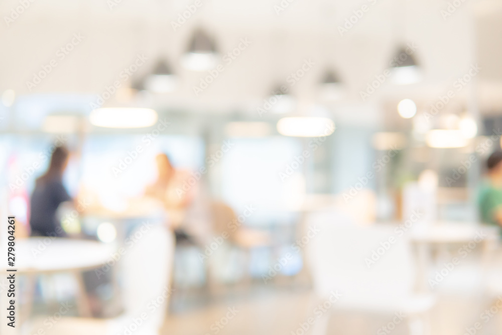 Abstract blurred restaurant background. Blurry cafe or coffee shop with dining tables, chairs and other decorations. Blur backdrop for design element. Food and beverage concept. - obrazy, fototapety, plakaty 