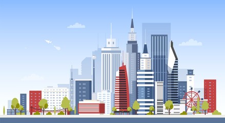 Fototapete - Cityscape with city downtown buildings. Panoramic view of modern business area with skyscrapers. Urban development, construction and architecture. Colorful vector illustration in flat cartoon style.