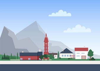 Fototapete - Urban landscape with town or village with private houses or residential buildings, chapel tower and trees. Cityscape with mountain settlement. Colorful vector illustration in flat cartoon style.