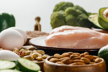 Wall Mural - selective focus of raw chicken breasts and eggs isolated on grey, ketogenic diet menu