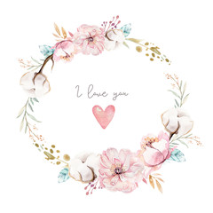 Watercolor boho floral set wirh cotton ball, protea flower. Bohemian natural wreath frame: leaves, feathers, flowers, Isolated on white background. Boho decoration illustration. Save the date