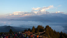 Annapurna, Nepal - November 14, 2018: Tourists Meeting The Dawn On Poon Hill (3210 M). It's The Famous View Point In Gorepani Village In Annapurna Conservation Area, Nepal.