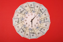 Concept Of Clock And Dollar. Clock On Mandala Kaleidoscope From Money. Abstract Money Background Raster Pattern Repeat Mandala Circle.