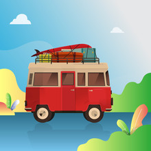 Van To The Natural Landscape. Travel On The Nature Background. Vector Illustration