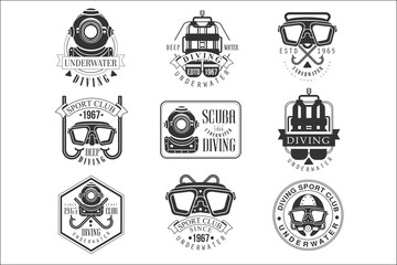 Sticker - Scuba Diving Underwater Adventure Club Black And White Sign Design Templates With Text And Tools Silhouettes