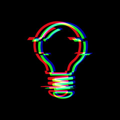 Light Bulb line symbol in glitch style. Electric lamp. Icon of idea isolated on black background. Solution thinking concept. Modern digital pixel distorted design. Television video error shape.