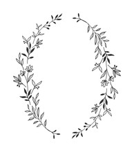 Hand Drawn Floral Oval Frame Wreath On White Background