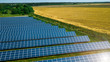 Aerial shot top view of solar panel photovoltaic farm
